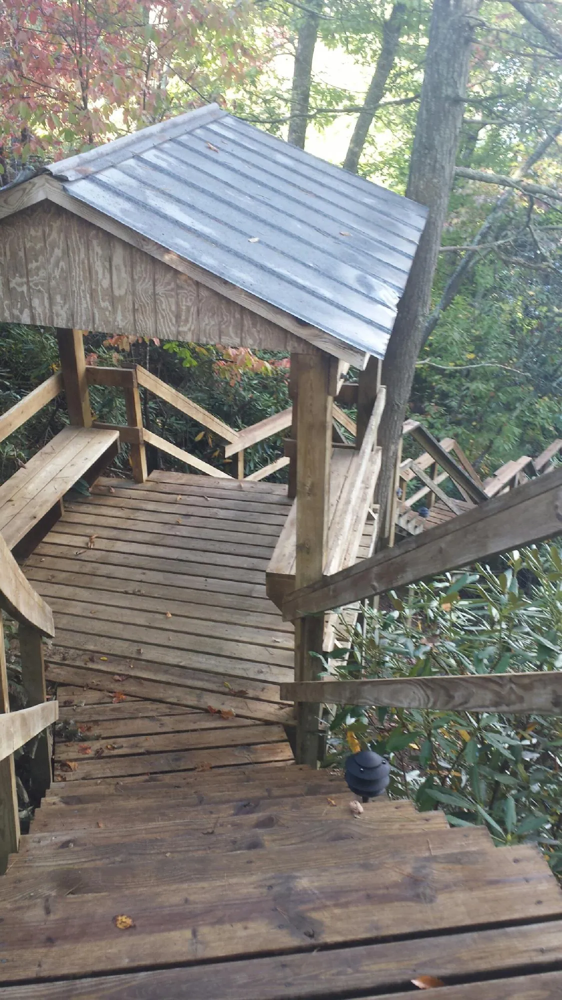 Metal roofed shelter over wooden steps on a wooded walkway — Skylight Repair & Installation work by our crew in Mays